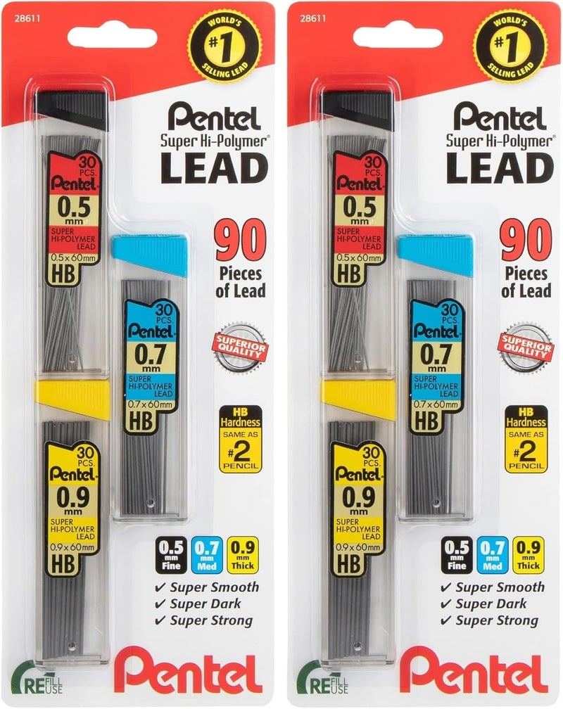 Pentel Super Hi-Polymer Mechanical Pencil Lead Refill - 0.5mm, 0.7mm, 0.9mm - 90 Lead refills (30 of Each Size) (Pack of 2) - Image 1